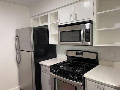 Kitchen with stainless steel appliances, white ca