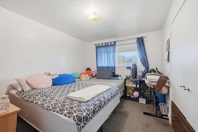 Bedroom with dark carpet and a textured ceiling