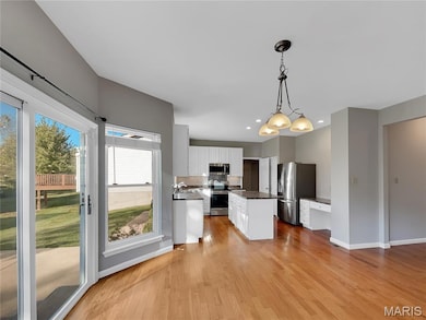 Kitchen with a center island, hanging light fixtures, stainless steel appliances, light wood finished floors, and white cabinetry