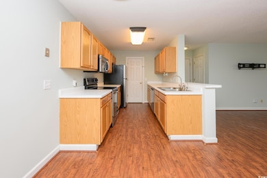 Kitchen with light brown cabinets, stainless steel appliances, light countertops, dark wood-style floors, and a textured ceiling