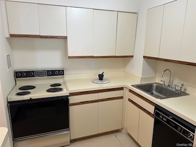 Kitchen featuring electric range and white cabinets