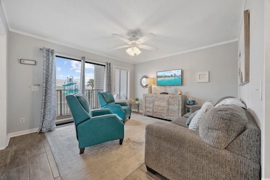 Living room featuring ornamental molding, wood finished floors, a ceiling fan, and a textured ceiling