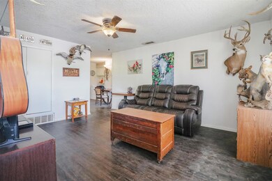 Living room with dark wood-type flooring, ceiling 