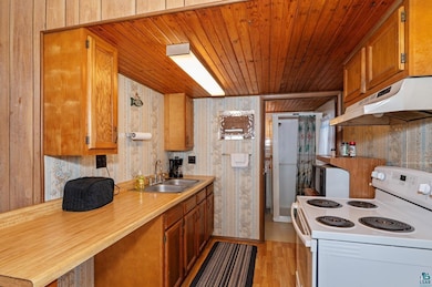 Kitchen featuring wood walls, sink, light wood-typ