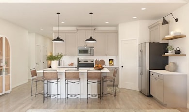 Kitchen with pendant lighting and floating shelves