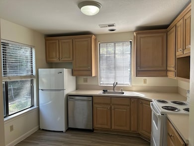 Kitchen with visible vents, a sink, white applian