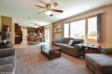 View from the fireplace wall of the family room an