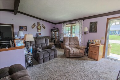 Carpeted living room featuring a wealth of natural light and lofted ceiling with beams