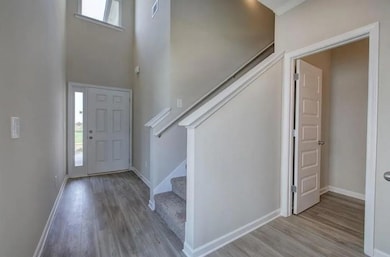 Entryway with wood finished floors, stairway, baseboards, and a towering ceiling