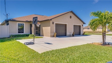 View of home's exterior with concrete driveway, stucco siding, a shingled roof, a garage, and a yard