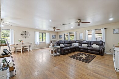 Living room featuring a ceiling fan, light wood-ty