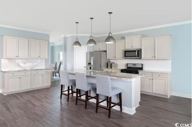 Kitchen with dark wood-style floors, a center isla