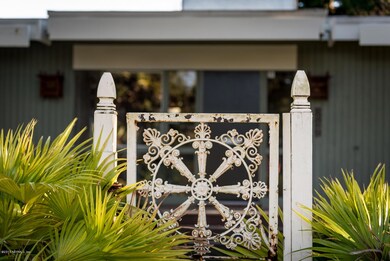 A whimsical gate at the street's edge
