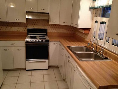 Kitchen. The ceramic floor and butcher block count