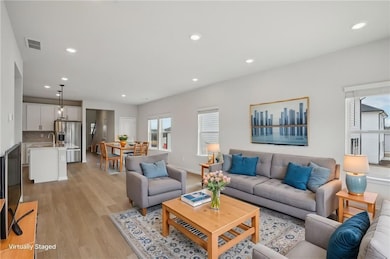 Living room featuring sink and light hardwood / wo