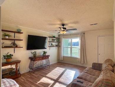 Living room featuring baseboards, a textured ceili