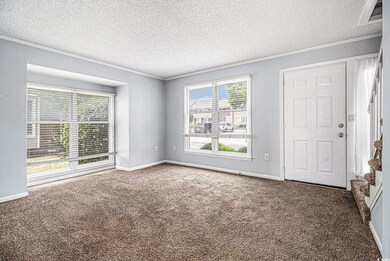 Empty room featuring ornamental molding, a textured ceiling, carpet floors, plenty of natural light, and baseboards