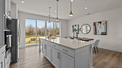 Bright gourmet kitchen and dining area with large double slider doors to extended deck, by DRB Homes Charlotte, NC