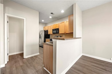 Kitchen featuring dark wood-style flooring, light 
