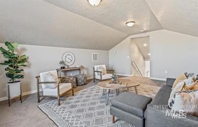 Carpeted living area with a textured ceiling and vaulted ceiling