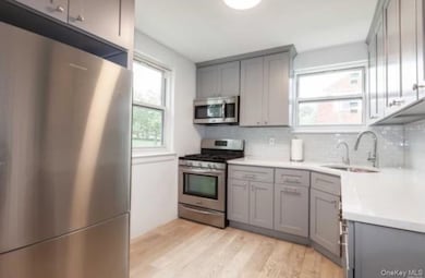 Kitchen featuring gray cabinets, stainless steel appliances, and light wood-type flooring
