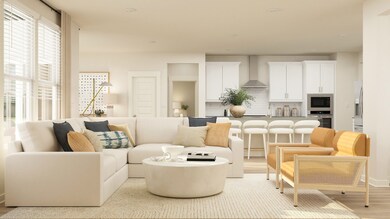 Open concept great room, kitchen, and dining nook. Brand new floorplan! These are artist's renderings of staged rooms, not actual home listed, but our home will be completed soon.