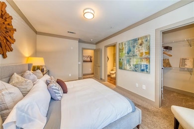 Carpeted bedroom with a closet, ensuite bathroom, 