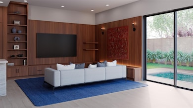 Living room featuring light wood-type flooring and recessed lighting