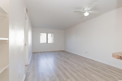 Empty room featuring ceiling fan, light hardwood /