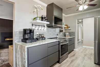 Kitchen with stainless steel appliances, ornamenta