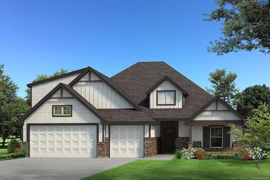 View of front facade with board and batten siding, concrete driveway, a front yard, brick siding, and a garage
