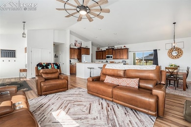 Living area featuring a ceiling fan, light wood-style flooring, and high vaulted ceiling