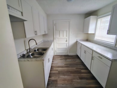 Kitchen with white cabinetry, dark wood-type floor