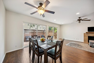 Dining space with ceiling fan, hardwood / wood-st