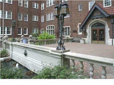 Well kept landscaping and fountains.