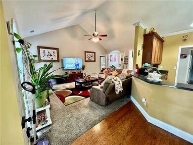 Living room with dark wood-style flooring, ceiling fan, lofted ceiling, and arched walkways