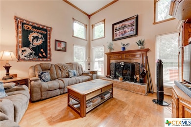 Living room with crown molding, high ceilings and