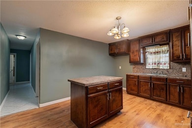 Kitchen with light wood-style flooring, an inviting chandelier, a sink, and backsplash
