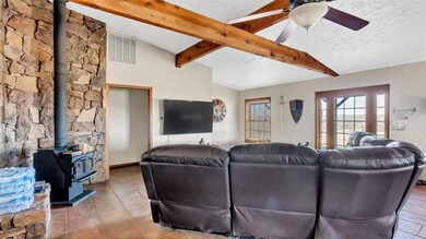 Living area with a wood stove, tile patterned flooring, a textured ceiling, and a ceiling fan