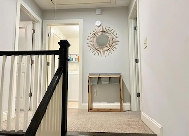 Stairway featuring carpet floors, attic access, and washer / clothes dryer