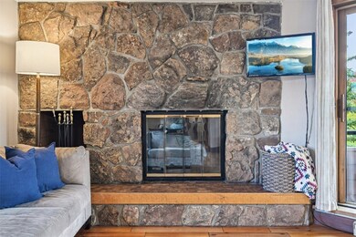 Detailed view of a stone fireplace and wood finished floors