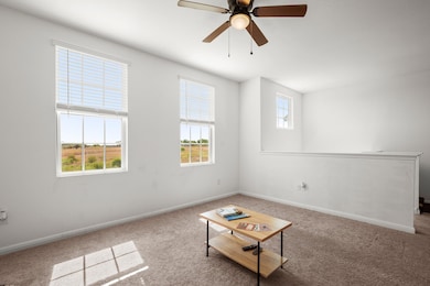 Carpeted empty room featuring baseboards and ceiling fan