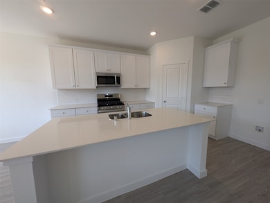 Kitchen featuring tasteful backsplash, white cabinetry, appliances with stainless steel finishes, dark wood-type flooring, and recessed lighting