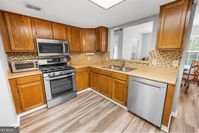 Kitchen featuring stainless steel appliances, a sink, and light wood finished floors