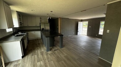 Kitchen with dark wood-style floors, a textured ce