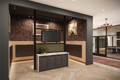 Reception featuring mail area, wallpapered walls,
