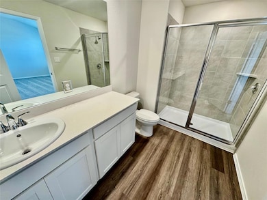 Full bathroom featuring a shower stall, vanity, and dark wood finished floors