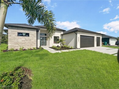 Prairie-style home featuring a front lawn, an atta