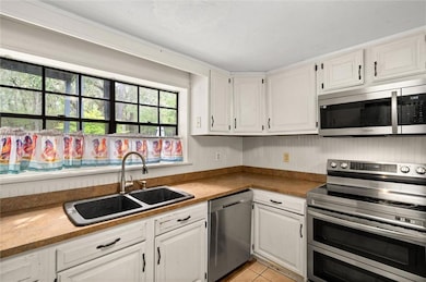 Kitchen with white cabinets and stainless steel ap