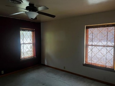 Unfurnished room with a ceiling fan, carpet floors
